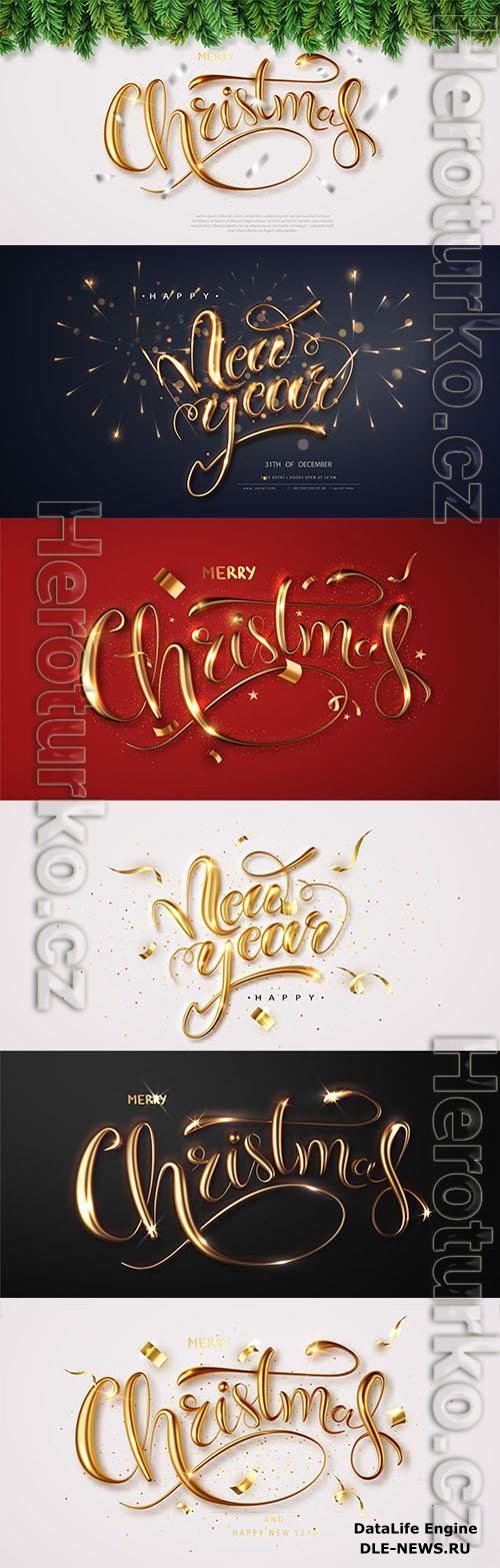 Merry christmas and Happy new year 3d calligraphy gold metal lettering