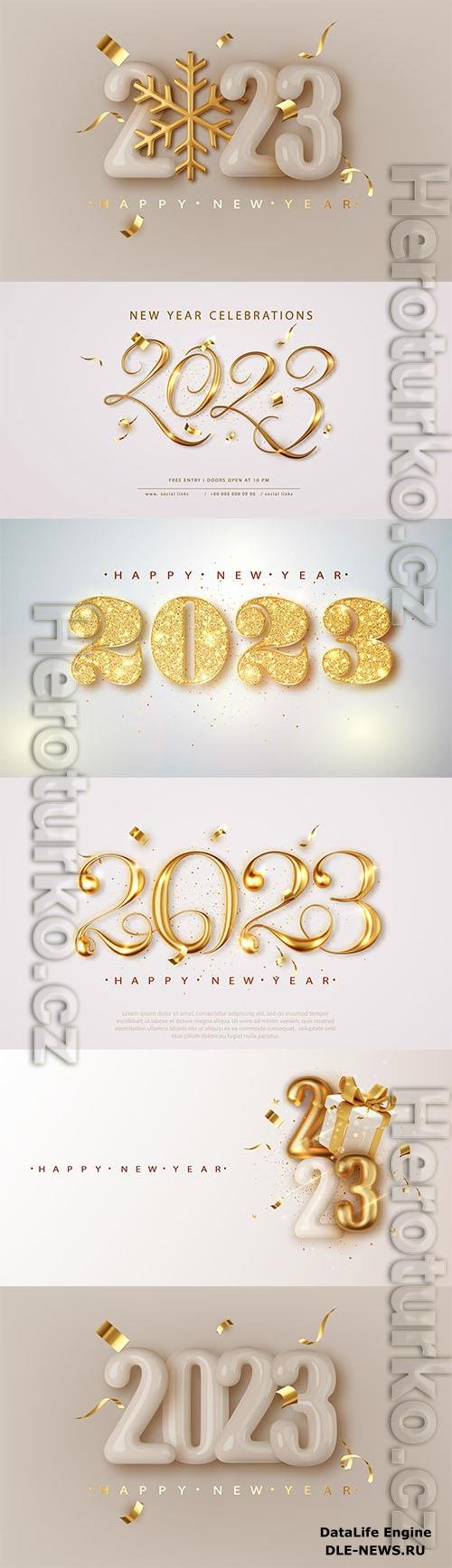 2023 happy new year elegant banner with falling confetti on bright background