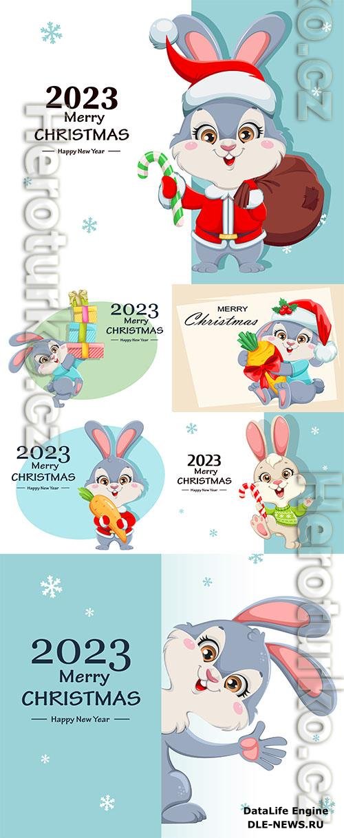 Merry xmas and happy new year cute cartoon rabbit