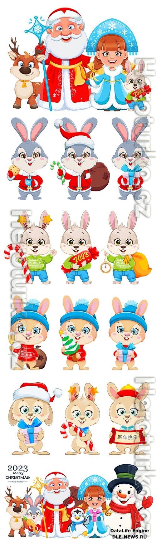 Cute rabbit, santa claus, snow maiden, snowman and cartoon animals christmas vector