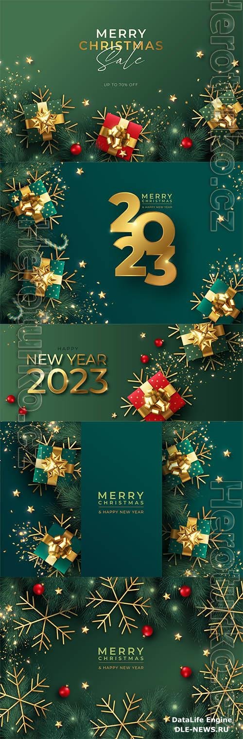 2023 Christmas background with winter nature and ornaments