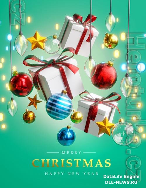 Merry christmas card poster template, hanging box, gift christmas ball, christmas lights bokeh, stars