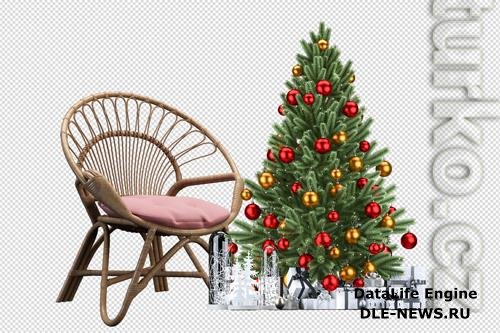 Christmas tree, gifts and armchair in 3d rendered