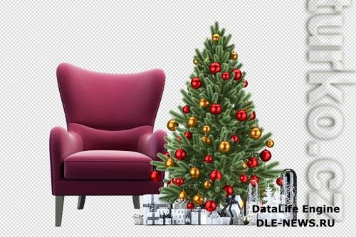 Christmas tree and armchair in 3d rendered