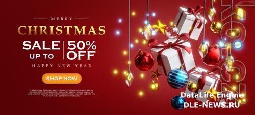 Christmas sale template, box, gift christmas ball, christmas lights bokeh