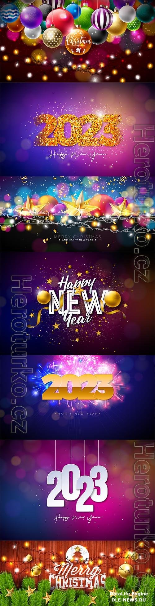 Merry christmas and happy new year illustration with gold star glass ball and lights garland