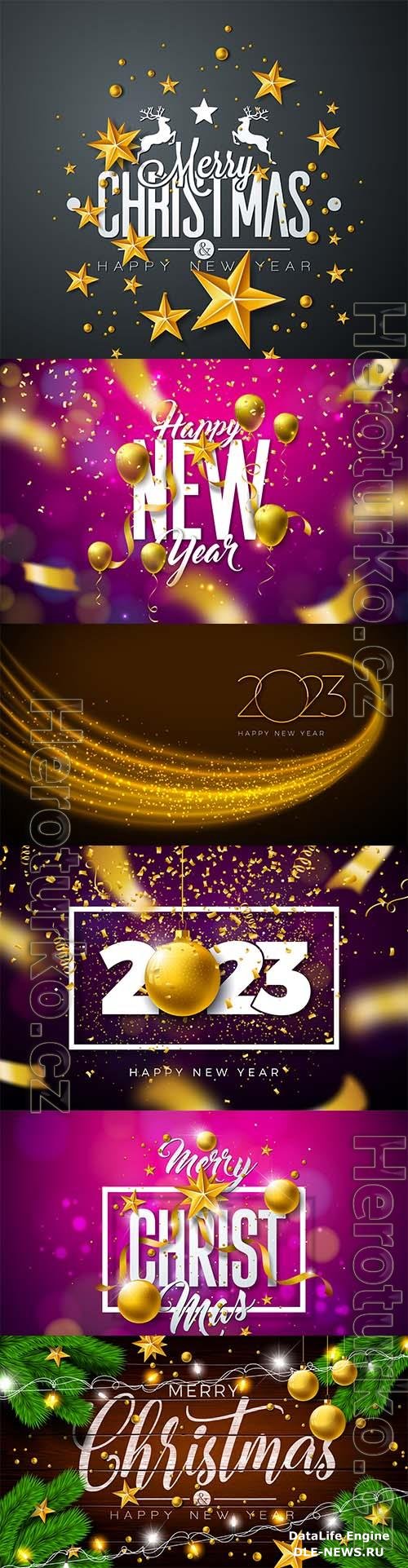 Merry christmas and happy new year illustration with gold glass ball, star and light garland