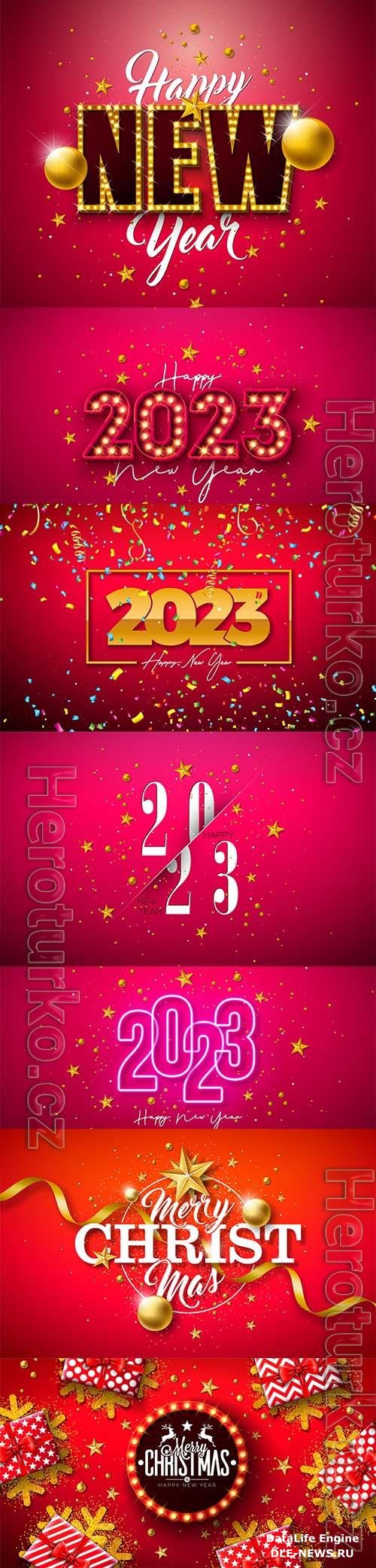 Merry christmas and happy new year 2023 illustration with gold glass ball