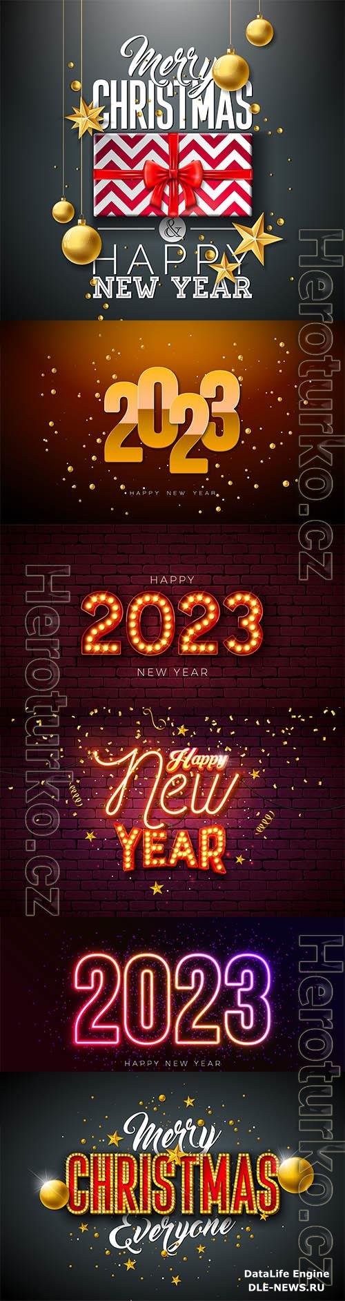 Happy new year 2023 illustration with gold ornamental ball and falling confetti on shiny background