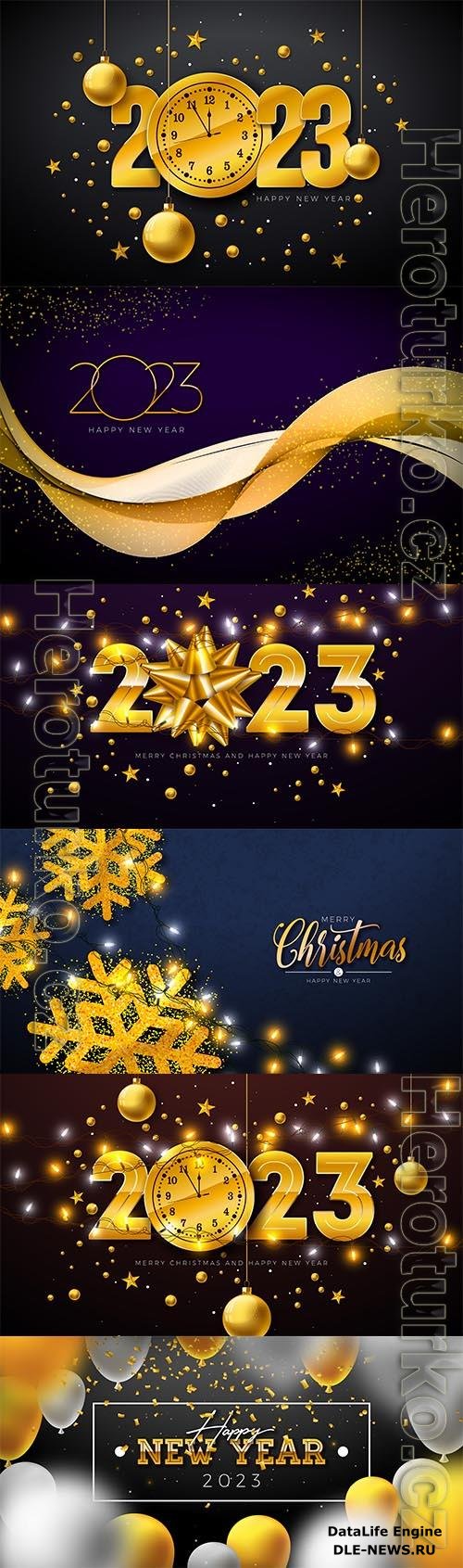 Happy new year 2023 illustration with gold number clock and ornamental glass ball on dark background