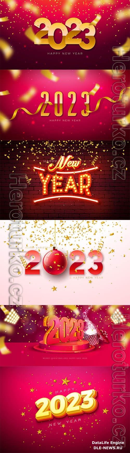 Happy new year 2023 illustration with glowing light bulb number and gold star