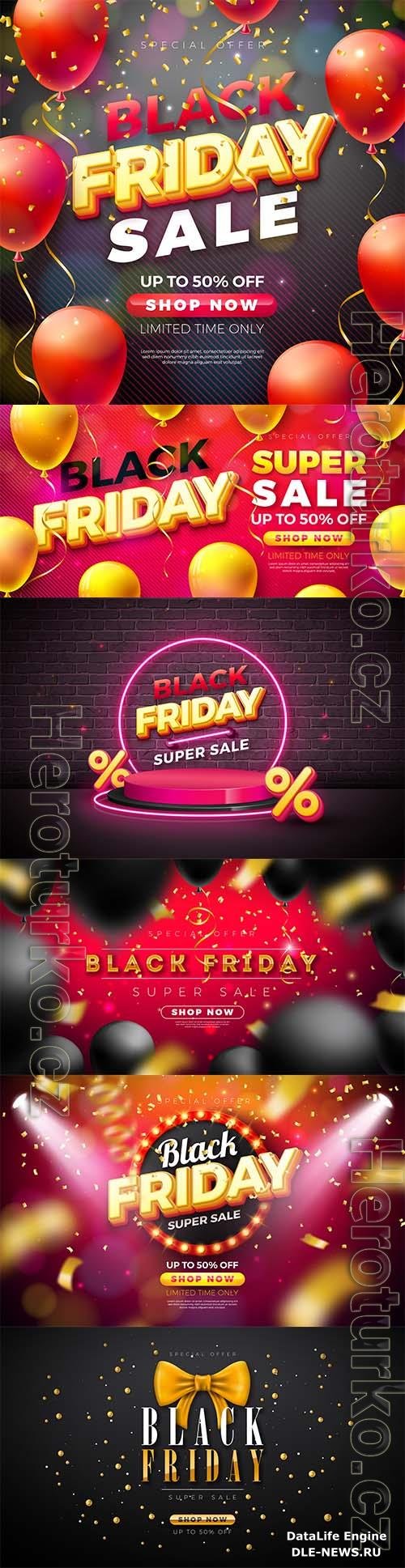 Black friday super sale illustration with magic gold text lettering