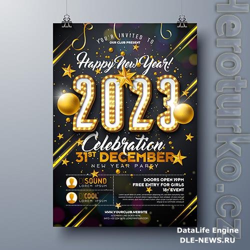 2023 new year party celebration poster design with lights bulb number and gold christmas ball