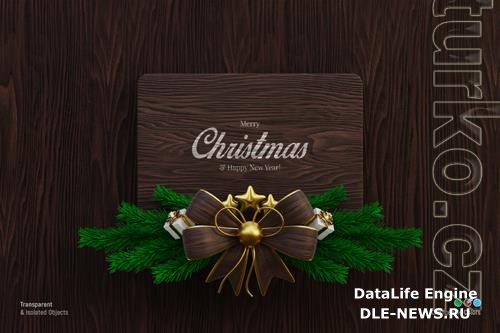 Dark wooden signage mockup with pine leaves and bow knot isolated vol 2