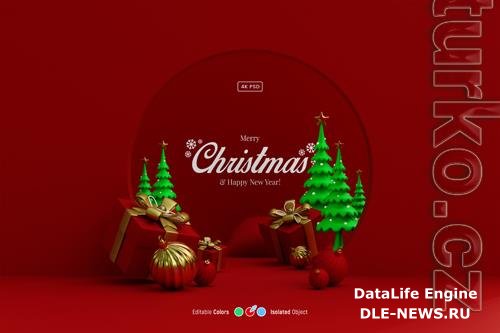 Christmas and new year studio scene with 3d pine trees bauble balls stars and gifts psd