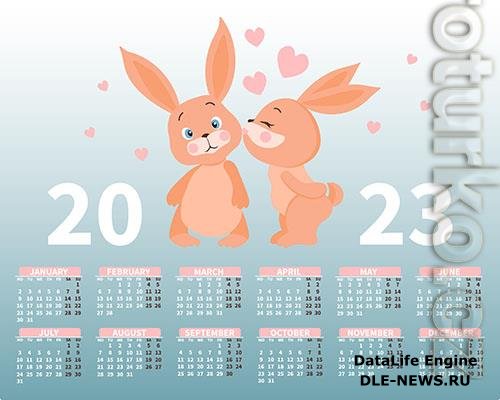 Calendar 2023 with a cute pair of bunnies in love on the background of hearts illustration, print