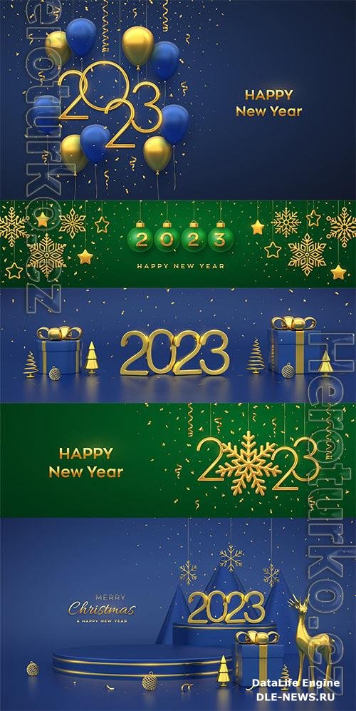 Happy new year 2023 hanging green christmas bauble balls with realistic golden 3d numbers