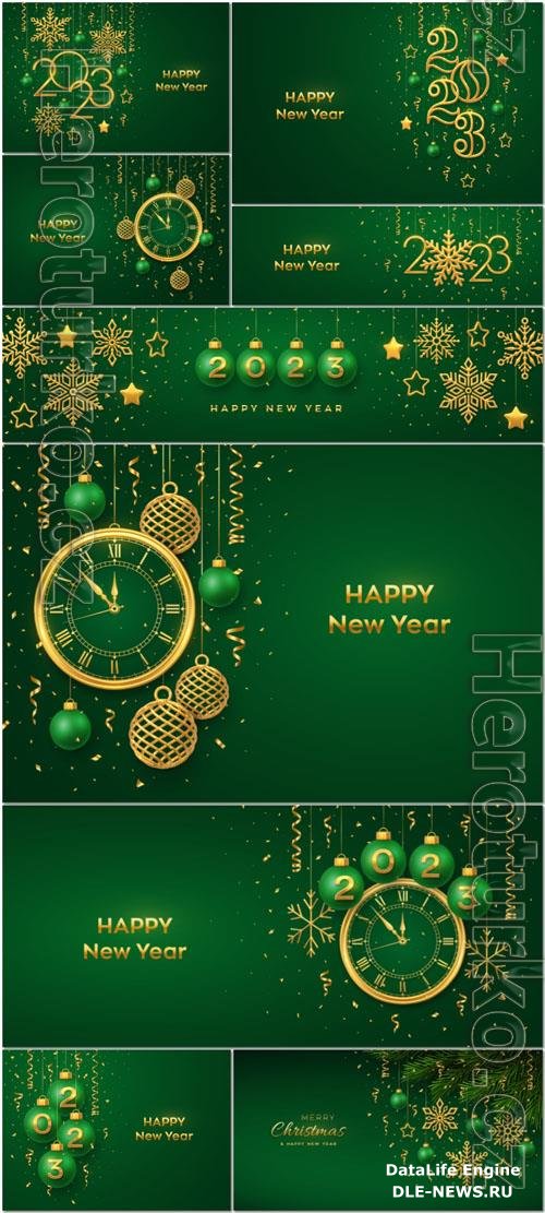 Christmas background with hanging golden snowflakes and green balls gold metallic stars confetti