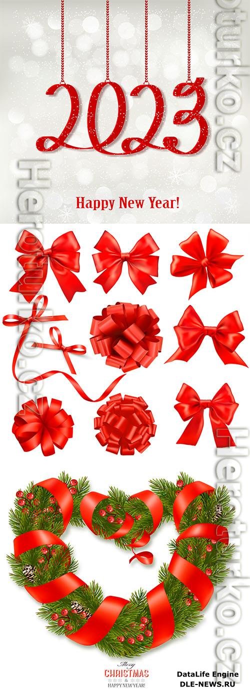 New Year 2023 and gift red bows and ribbons