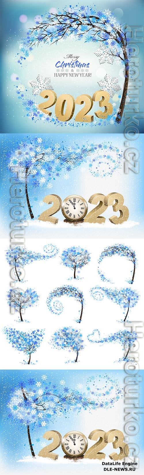 Vector merry christmas and happy new year background with 2023 letters and christmas tree with snowflakes vector