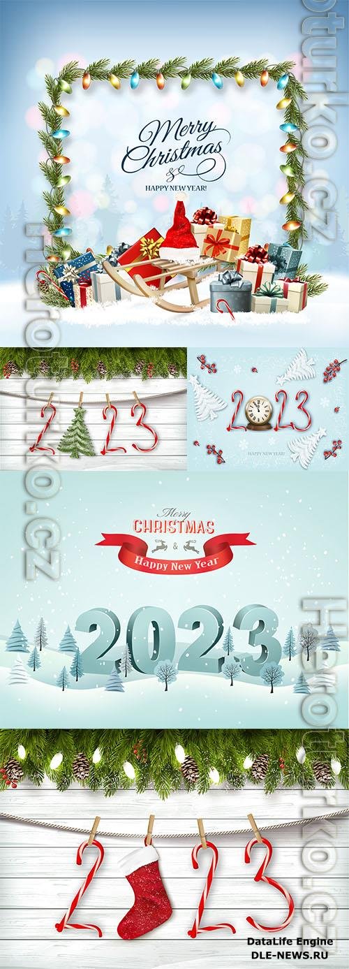 Vector merry christmas and happy new year background with winter landscape colorful gift boxes with santa hat