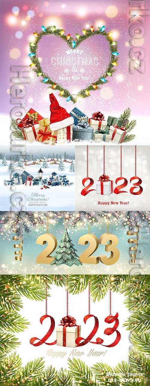 Vector merry christmas and happy new year background with a 2023 letters christmas abstract tree and glowing christmas tree lights vector