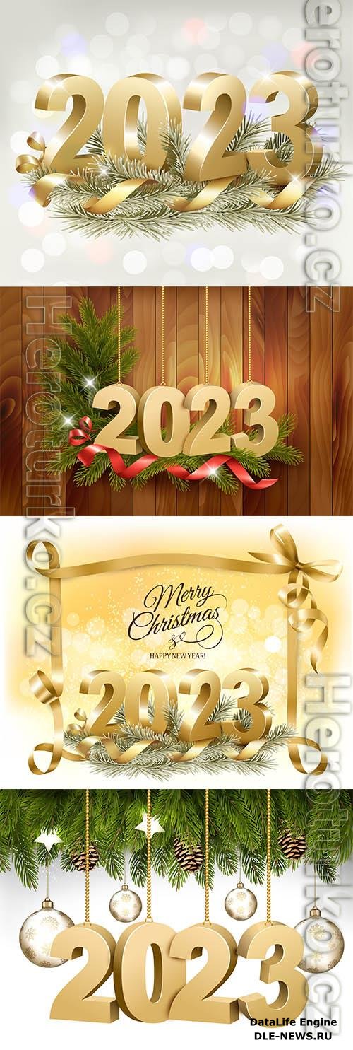 Vector merry christmas and happy new year background with a 2023 letters and branch of tree vector