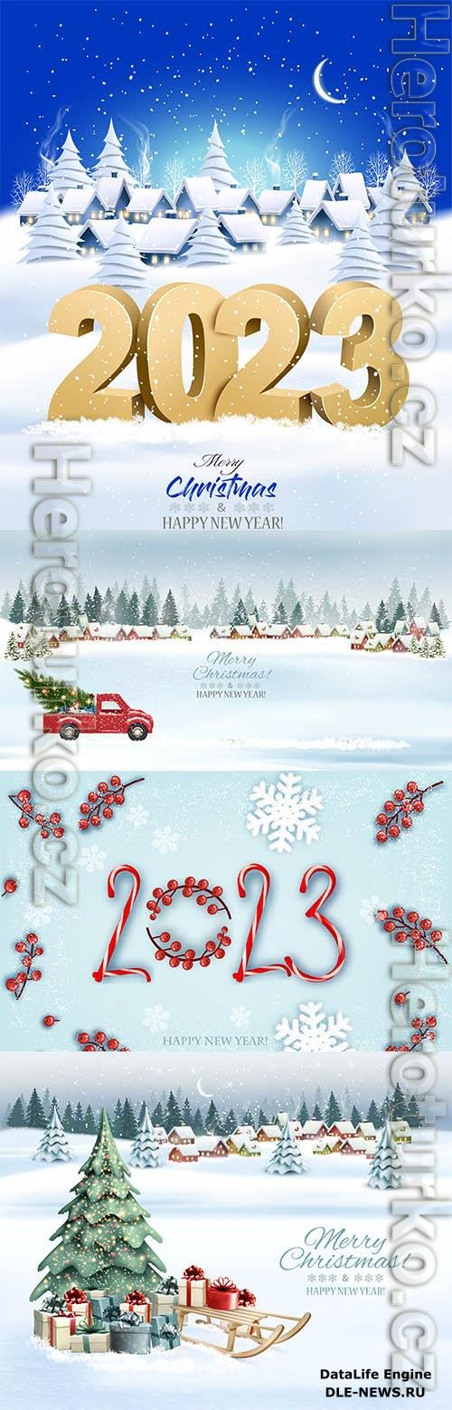 Vector holiday christmas winter background with a village landscape and 2023 litters vector