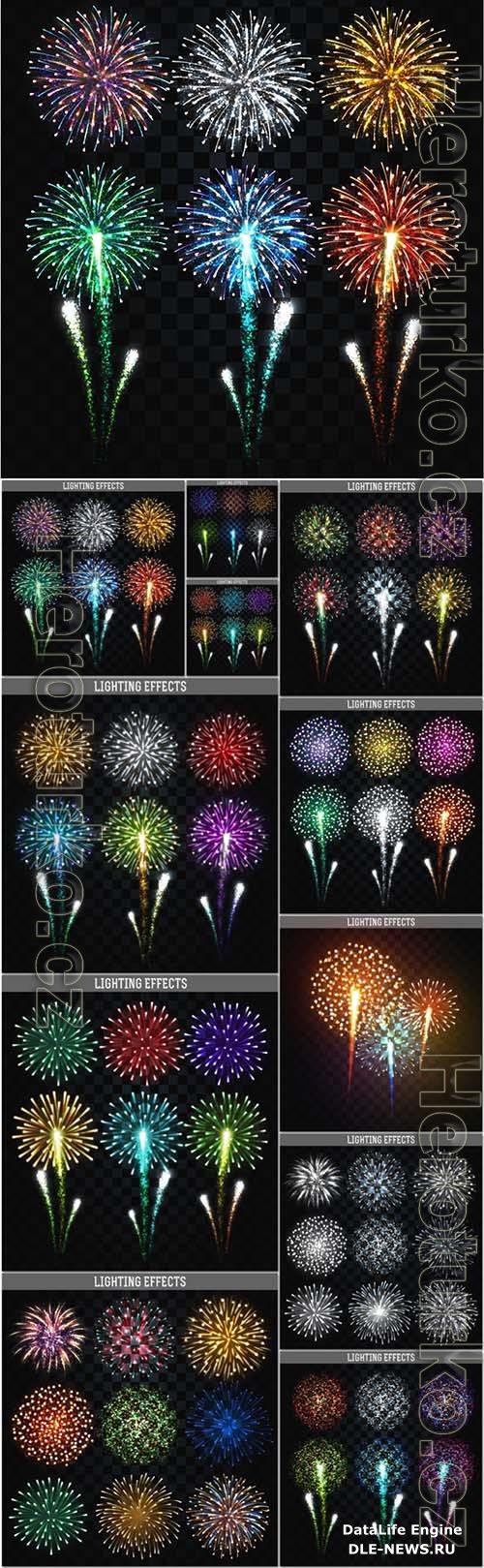 Vector fireworks set, realistic bright colorful salutes