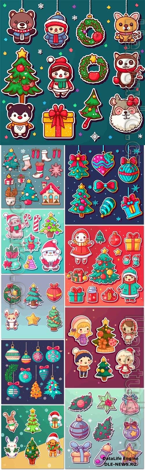 Sticker set xmas, attribute ornament, sticker collection new year holidays