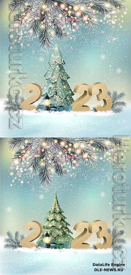 Holiday background with 2023 and christmas tree