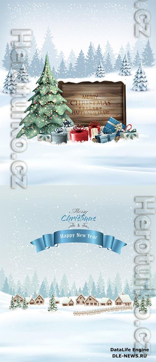 Christmas background with winter landscape and village