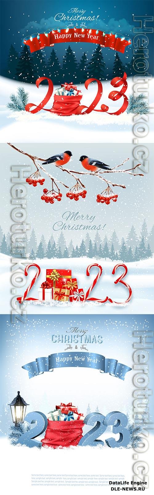 Christmas background with garland and numbers 2023 from red ribbons