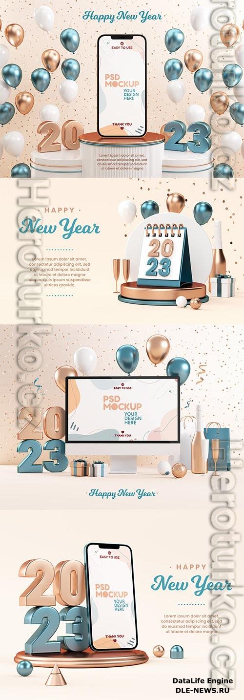 PSD new year 2023 card with numbers and christmas background in 3d render