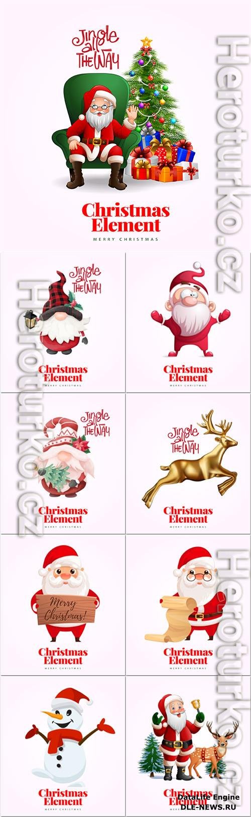 Christmas characters, santa, snowman, gnomes, deer in vector