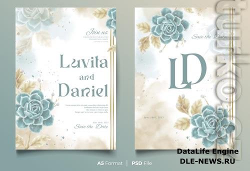 Watercolor psd wedding invitation template with blue and yellow flower