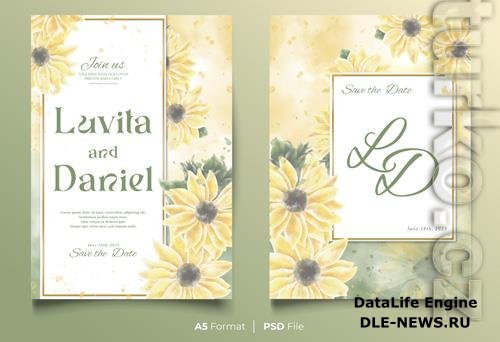 PSD watercolor wedding invitation template with yellow and green flower