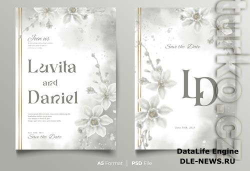 PSD watercolor wedding invitation template with white flower