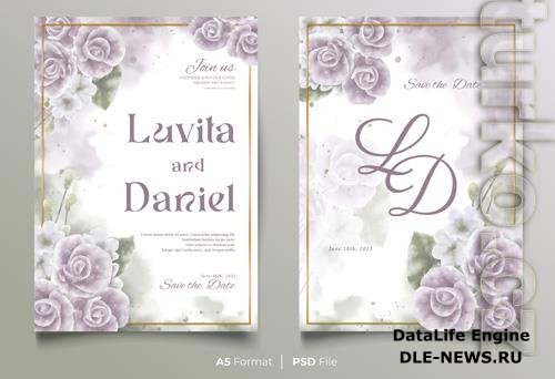 PSD watercolor wedding invitation template with violet flower