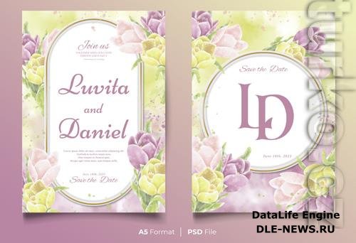 PSD watercolor wedding invitation template with purple and yellow flower