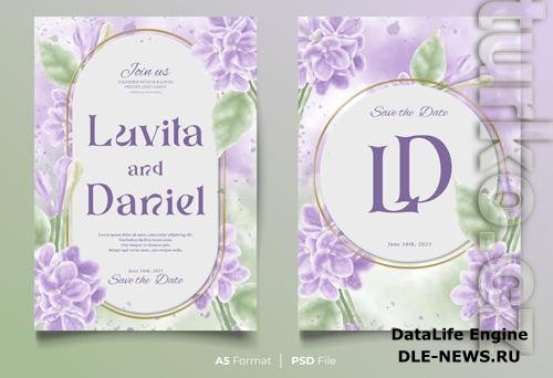 PSD watercolor wedding invitation template with purple and green flower