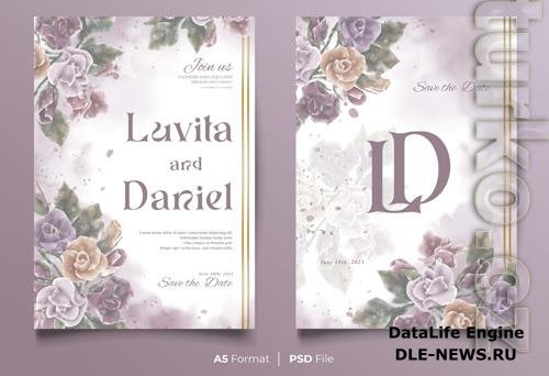 PSD watercolor wedding invitation template with colorful flower