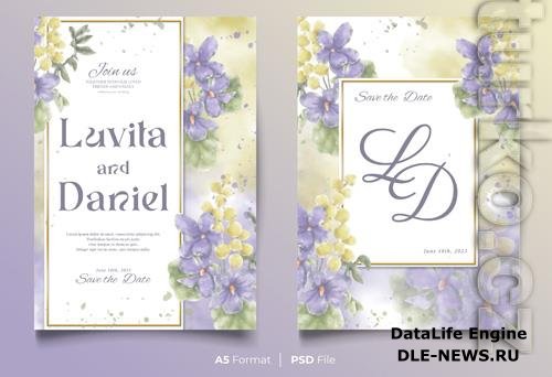 PSD watercolor wedding invitation template with blue and yellow flower