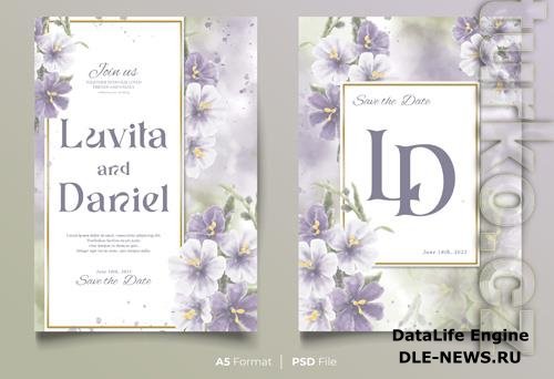 PSD watercolor wedding invitation template with blue and white flower