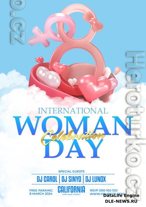 PSD international women's day celebration flyer with 3d hearts