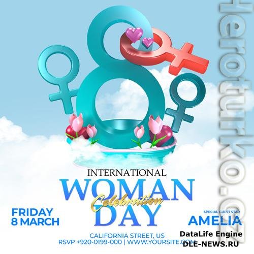 PSD happy women day celebration flyer with flowers and hearts