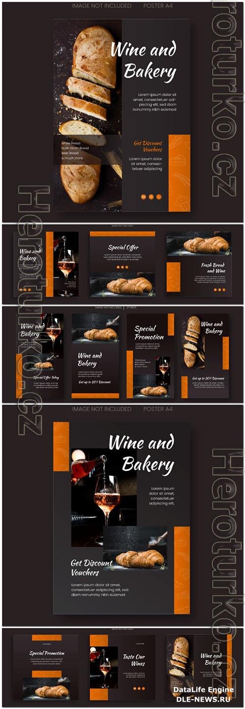 Bakery and wine social media design template stories psd design
 set