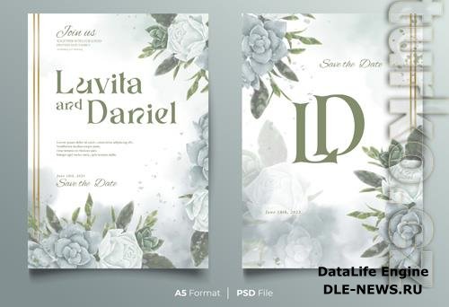 Wedding psd invitation floral design card with white and gray roses