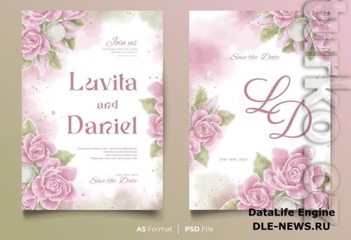 Wedding psd invitation floral design card with pink roses