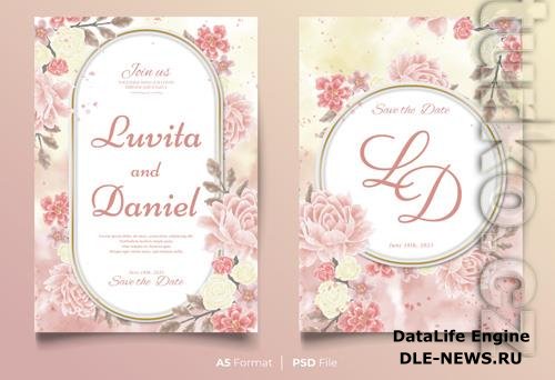 Wedding psd invitation floral design card with pink roses